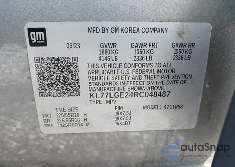 2024 Chevrolet Trax 1Rs from USA, damaged, VIN KL77LGE24RC048487